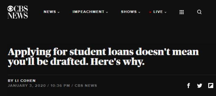 美媒发布文章,解释为申请就学补助而进行过兵役登记的男生,并不意味着填下了“自愿入伍令”。图片来源:美国哥伦比亚广播公司(CBS)网站截图。 点击进入下一页