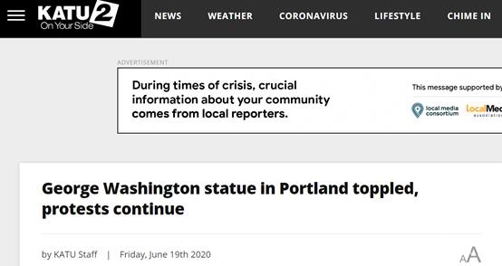 美《独立宣言》起草人中招后 华盛顿雕像也被推倒