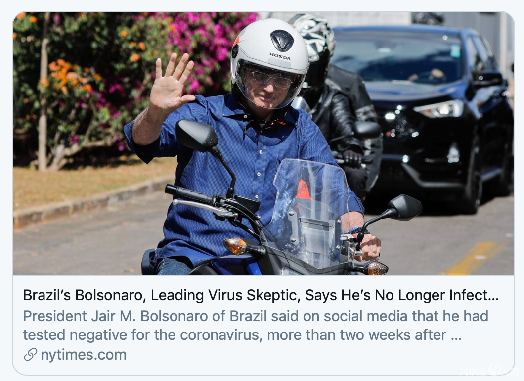 第四次检测终于阳转阴，巴西总统感染新冠的20天