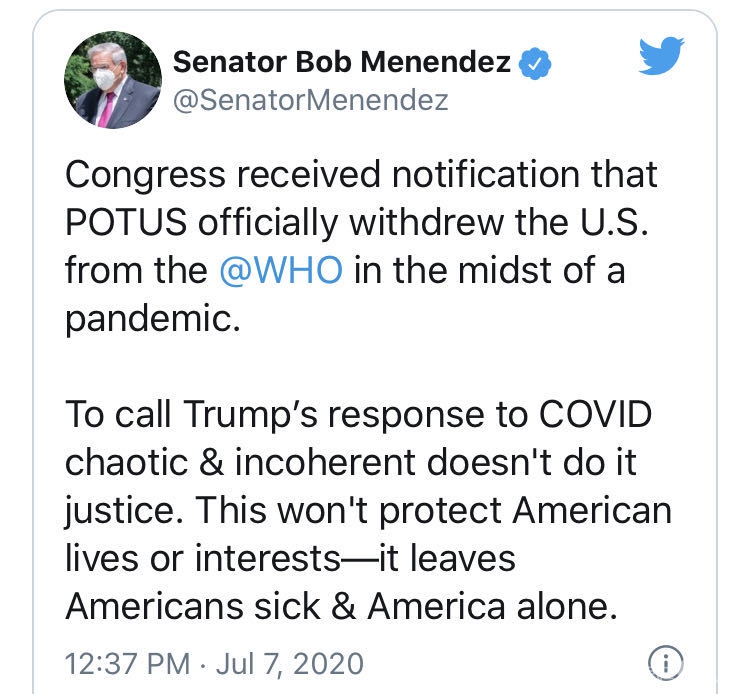 美国正式退出世卫组织 国会已收到特朗普政府通知