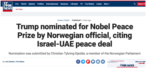 快讯！美媒：特朗普被挪威议员提名2021年诺贝尔和平奖