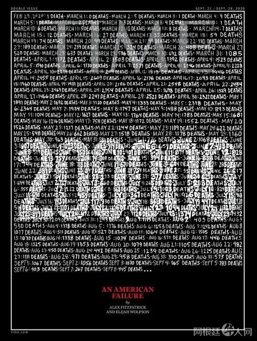 9月10日,美国《时代》周刊公布了最新一期的封面,黑色背景上密密麻麻地连续记录了美国从2月29日到9月8日的每日死亡病例数。图片截自美国《时代》周刊官网。 点击进入下一页