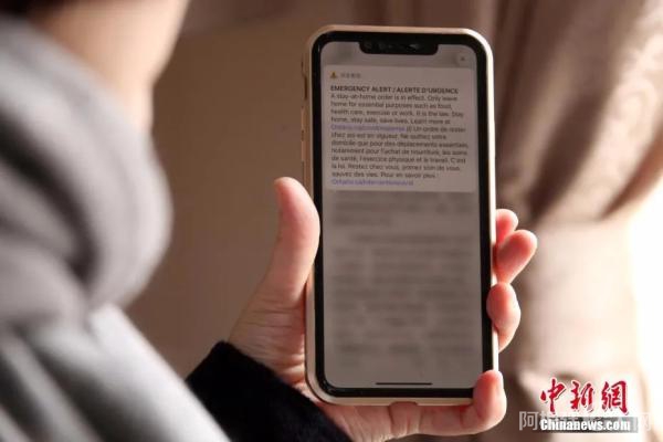 资料图:1月14日,加拿大多伦多一位手机用户接收到安大略省政府发布的吁请民众原则上待在住所内的紧急警报信息。中新社记者 余瑞冬 摄 资料图:1月14日,加拿大多伦多一位手机用户接收到安大略省政府发布的吁请民众原则上待在住所内的紧急警报信息。中新社记者 余瑞冬 摄