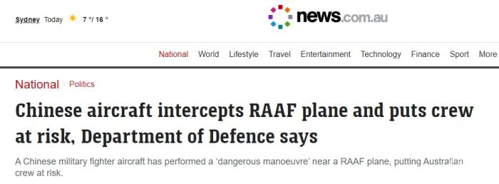 澳国防部称，中国军机拦截澳军机并威胁飞行人员安全。图片来源：澳大利亚新闻网