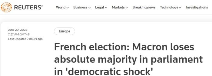 路透社：马克龙在“民主冲击”中失去法国国民议会绝对多数地位。图片来源：路透社报道截图