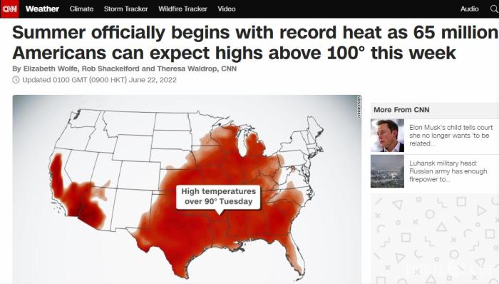 夏天刚至，6500万美国人本周就将经受创纪录的100华氏度高温“烤”验。图片来源：美国有线电视新闻网报道截图