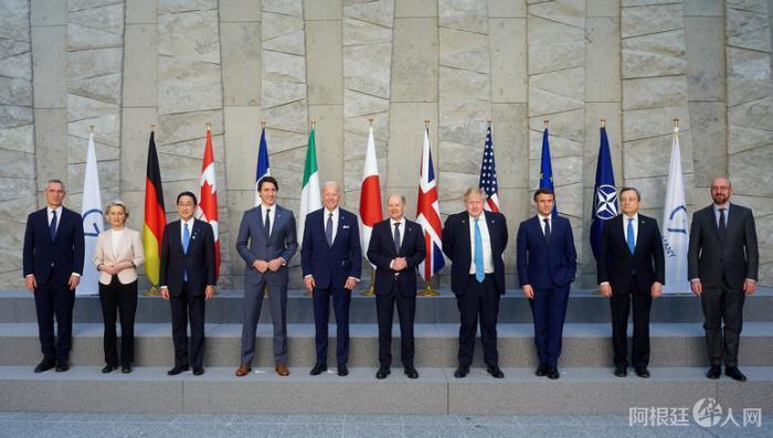 当地时间3月24日，七国集团(G7)与欧盟代表在比利时布鲁塞尔召开峰会，美国总统拜登出席。图片来源：G7
