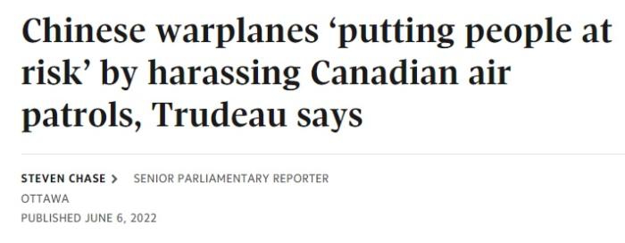 加拿大总理特鲁多声称中国军机“骚扰”加军机。图片来源：加拿大《环球邮报》报道截图