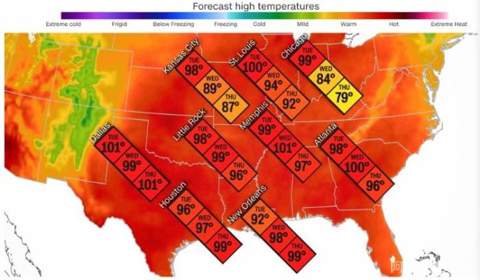 热浪袭击美国，美国地图“一片火红”。图片来源：美国有线电视新闻网报道截图