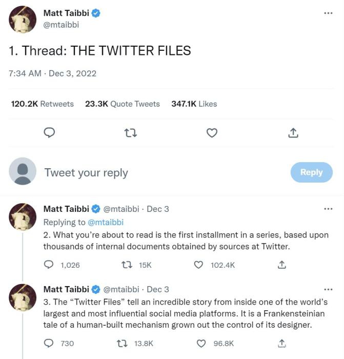 美国作家马特·泰比(Matt Taibbi)在其推特账号上发布“推特档案”。