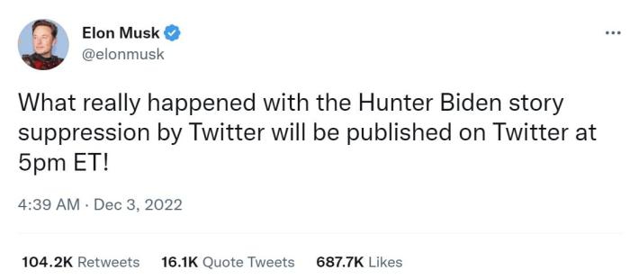 马斯克在推特上预告，将公布“推特为拜登儿子亨特删帖”传闻的内部消息。
