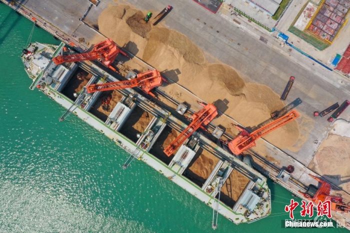 图为岸桥源源不断从船上将货物卸下。 王以照 摄