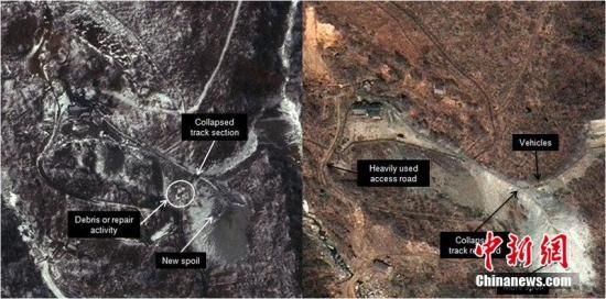 当地时间2014年4月29日，朝鲜丰溪里核试验场卫星图。美国智库“科学与国际安全研究所”(ISIS)称，这些卫星图片显示，丰溪里核试验场的活动仍在继续，并与准备进行核试验的迹象相符。图片来源：CFP视觉中国