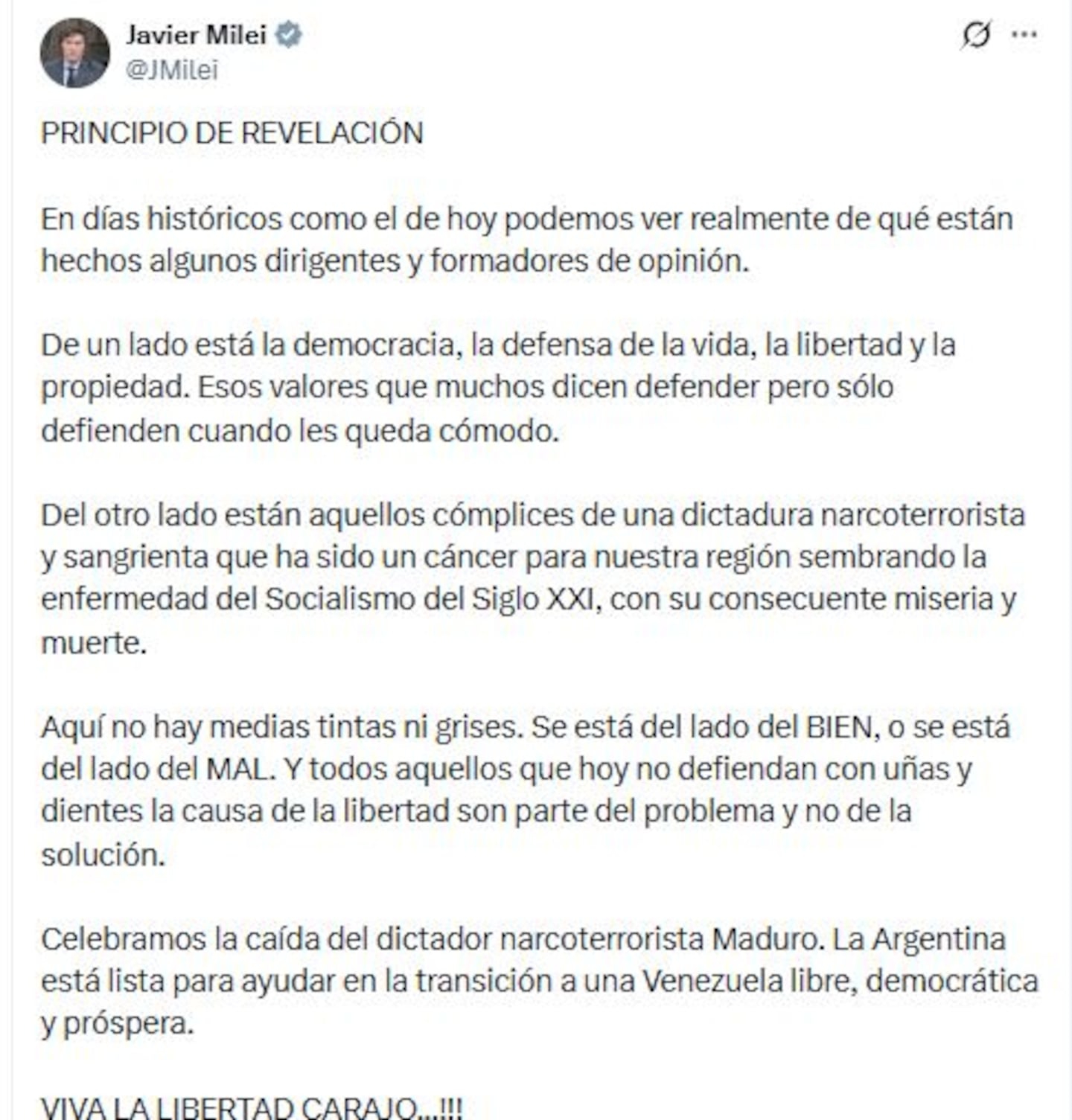 el-presidente-javier-milei-celebro-el-operativo-militar-de-estados-unidos-en-venezuela-y-la-captura-de-nicolas-maduro-foto-captura-x-jmilei-PYI3LW2LNNBSDD4GMG6A5BS7QQ