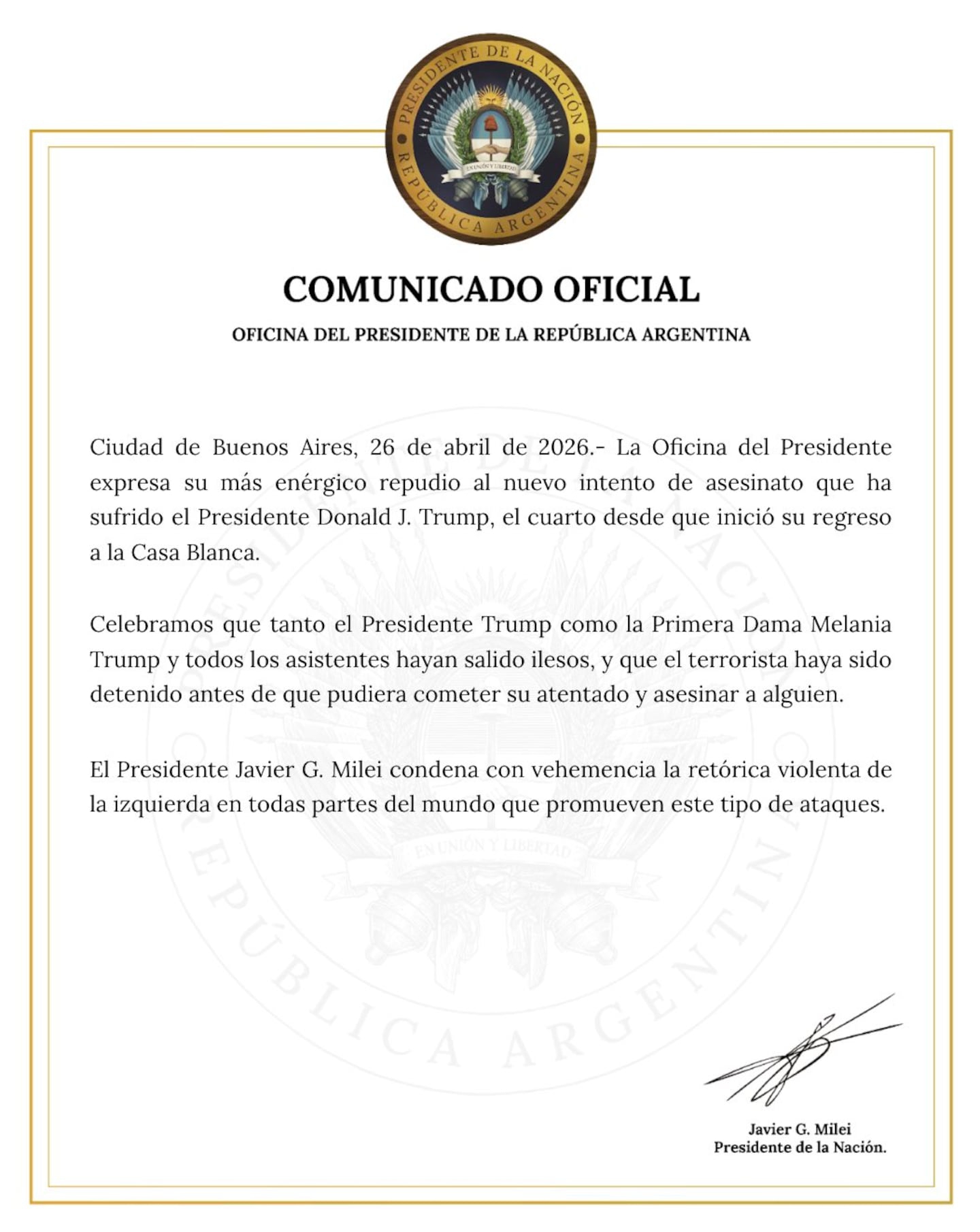 el-comunicado-de-la-oficina-del-presidente-condenando-el-ataque-armado-en-la-cena-a-la-que-asistio-donald-trump-foto-x-oprargentina-Z7XP5JOFYNGZFBPNI6FR7A5WFE